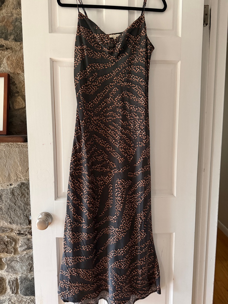 Satin Slip Maxi Dress In Black With Brown Dot Pattern